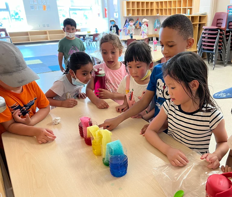 Children gather around a table observing a colorful water absorption experiment during an indoor science activity at at Rouge Camps Richmond Hill.